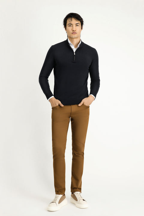 Siyah Yarım Balıkçı Yaka Regular Fit Fermuarlı Kaşmirli Triko Kazak