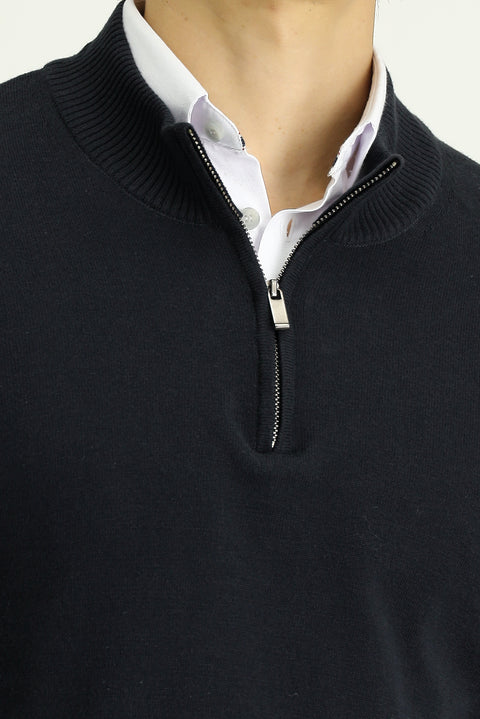 Siyah Yarım Balıkçı Yaka Regular Fit Fermuarlı Kaşmirli Triko Kazak