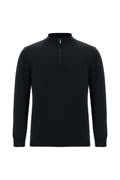 Siyah Yarım Balıkçı Yaka Regular Fit Fermuarlı Kaşmirli Triko Kazak