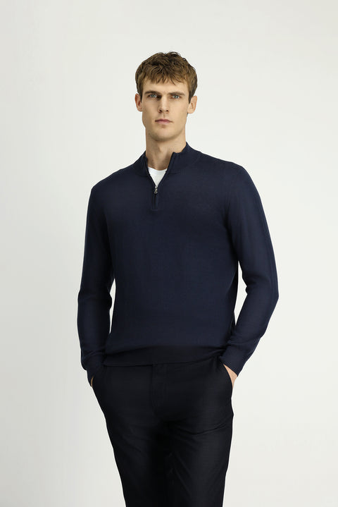 Koyu Lacivert Yarım Balıkçı Yaka Regular Fit Fermuarlı Kaşmirli Triko Kazak