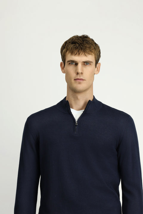 Koyu Lacivert Yarım Balıkçı Yaka Regular Fit Fermuarlı Kaşmirli Triko Kazak