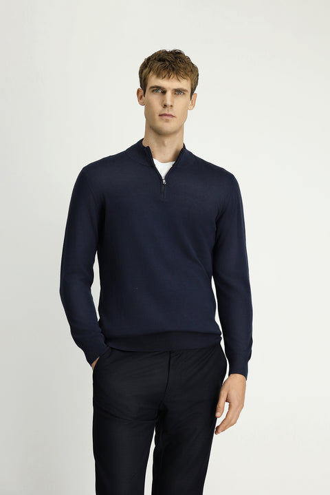 Koyu Lacivert Yarım Balıkçı Yaka Regular Fit Fermuarlı Kaşmirli Triko Kazak