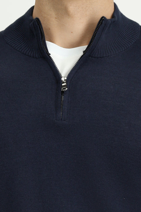 Koyu Lacivert Yarım Balıkçı Yaka Regular Fit Fermuarlı Kaşmirli Triko Kazak