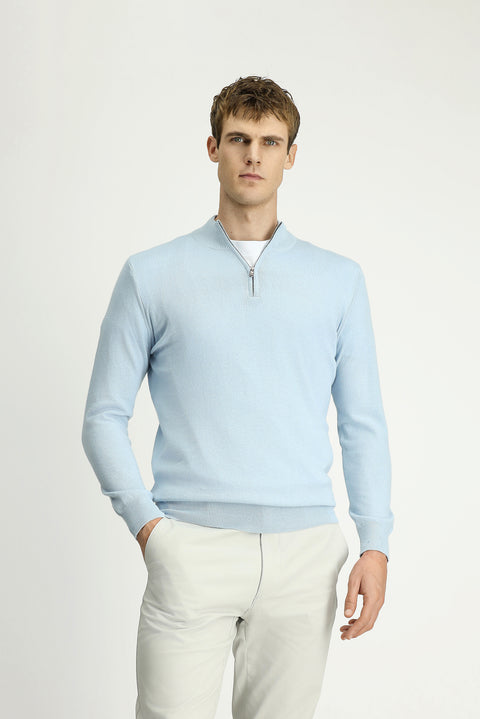 Açık Mavi Yarım Balıkçı Yaka Regular Fit Fermuarlı Kaşmirli Triko Kazak