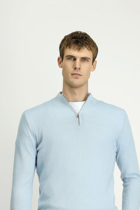 Açık Mavi Yarım Balıkçı Yaka Regular Fit Fermuarlı Kaşmirli Triko Kazak