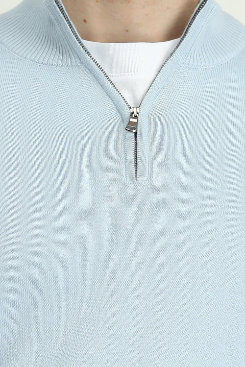 Açık Mavi Yarım Balıkçı Yaka Regular Fit Fermuarlı Kaşmirli Triko Kazak