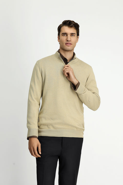 Orta Bej Yarım Balıkçı Yaka Regular Fit Fermuarlı Kaşmirli Triko Kazak