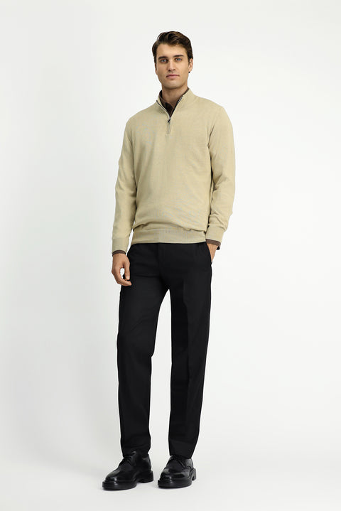 Orta Bej Yarım Balıkçı Yaka Regular Fit Fermuarlı Kaşmirli Triko Kazak