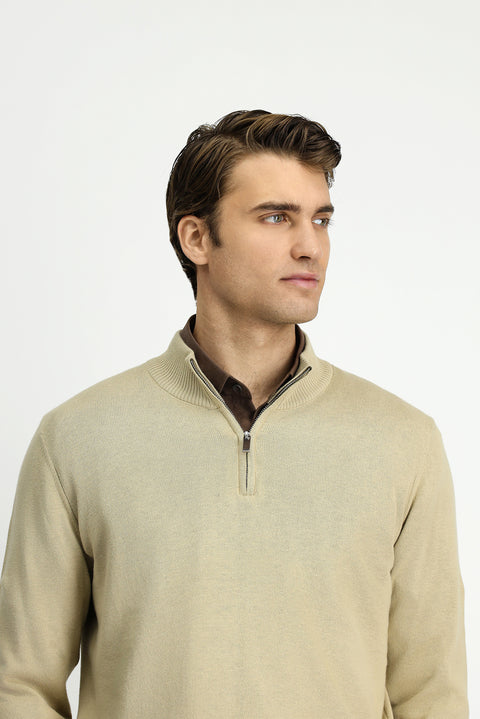 Orta Bej Yarım Balıkçı Yaka Regular Fit Fermuarlı Kaşmirli Triko Kazak