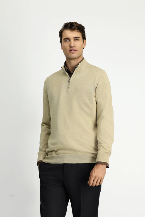 Orta Bej Yarım Balıkçı Yaka Regular Fit Fermuarlı Kaşmirli Triko Kazak