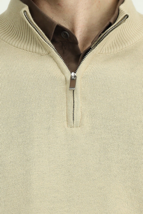 Orta Bej Yarım Balıkçı Yaka Regular Fit Fermuarlı Kaşmirli Triko Kazak