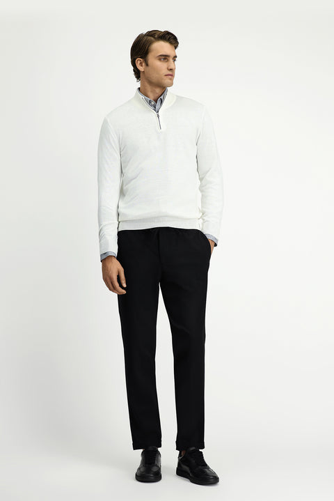 Kırık Beyaz Yarım Balıkçı Yaka Regular Fit Fermuarlı Kaşmirli Triko Kazak