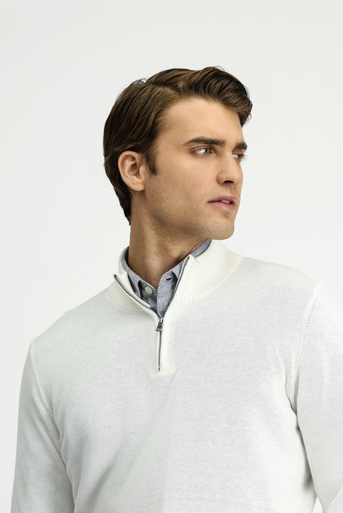 Kırık Beyaz Yarım Balıkçı Yaka Regular Fit Fermuarlı Kaşmirli Triko Kazak