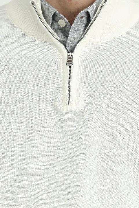 Kırık Beyaz Yarım Balıkçı Yaka Regular Fit Fermuarlı Kaşmirli Triko Kazak