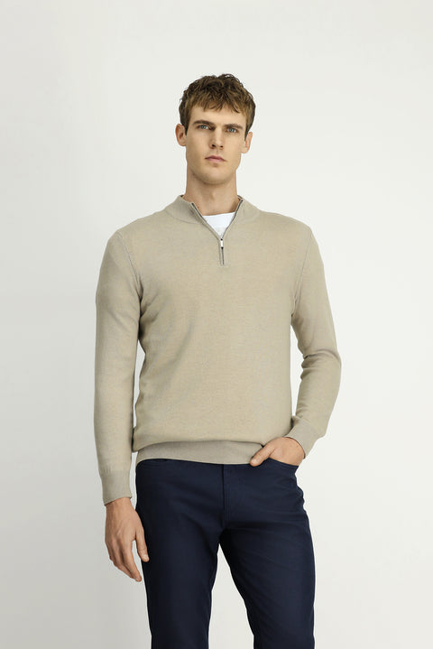 Orta Vizon Yarım Balıkçı Yaka Regular Fit Fermuarlı Kaşmirli Triko Kazak