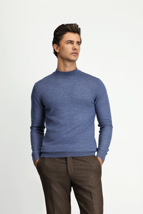 İndigo Melanj Yarım Balıkçı Yaka Regular Fit Yünlü Basic Örme Triko Kazak