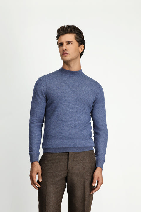 İndigo Melanj Yarım Balıkçı Yaka Regular Fit Yünlü Basic Örme Triko Kazak