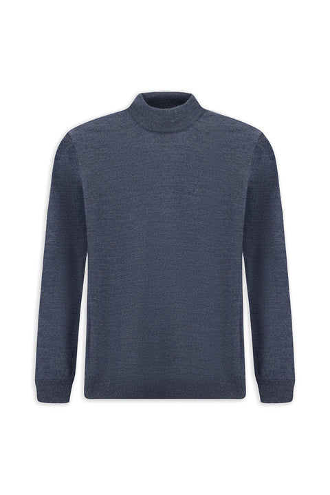 İndigo Melanj Yarım Balıkçı Yaka Regular Fit Yünlü Basic Örme Triko Kazak