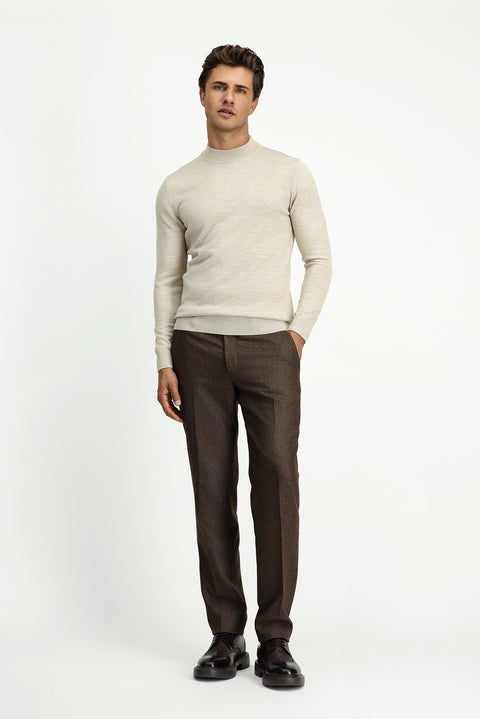 Açık Bej Yarım Balıkçı Yaka Regular Fit Yünlü Basic Örme Triko Kazak