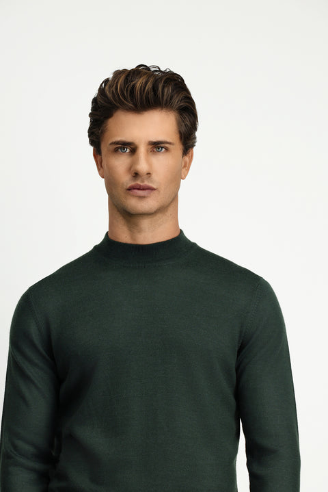 Asker Haki Yarım Balıkçı Yaka Regular Fit Yünlü Basic Örme Triko Kazak