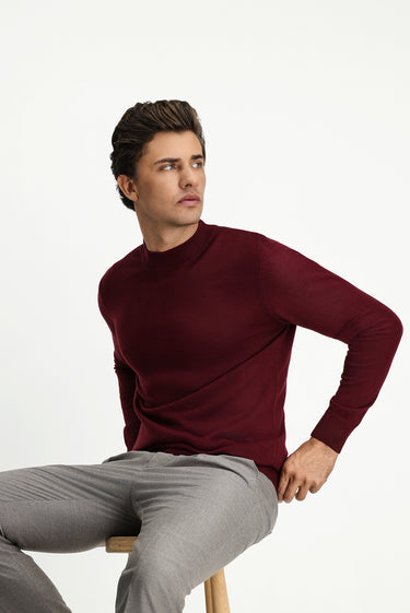  Koyu Bordo Yarım Balıkçı Yaka Regular Fit Yünlü Triko Kazak