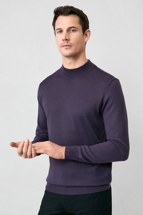 Koyu Mor Yarım Balıkçı Yaka Regular Fit Yünlü Basic Örme Triko Kazak