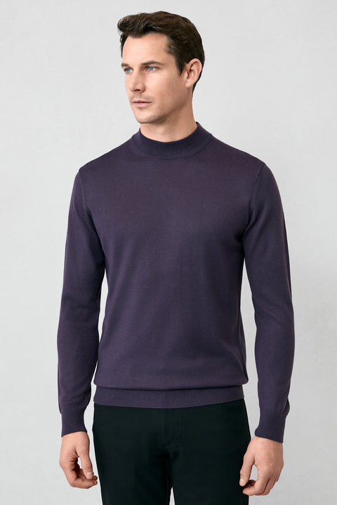 Dark Purple Semi-Turtleneck Regular Fit Wool Basic Knitted Sweater