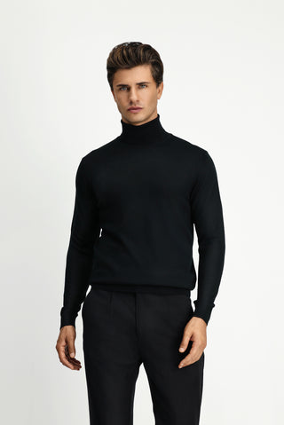  Siyah Balıkçı Yaka Regular Fit Yünlü Triko Kazak