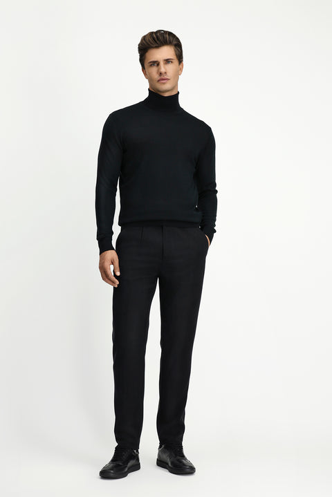 Siyah Balıkçı Yaka Regular Fit Sıcak Tutan Yünlü Triko Kazak