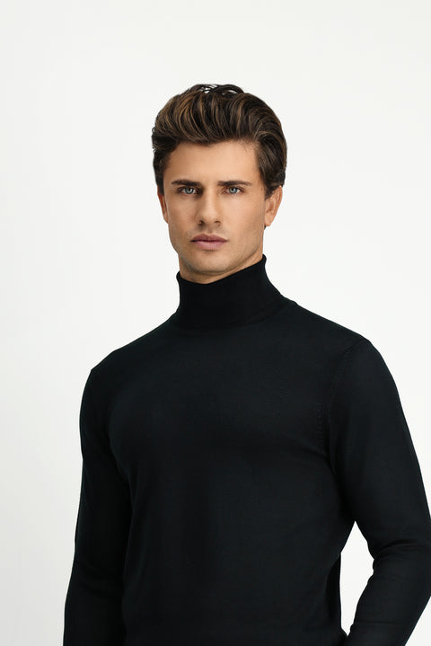Siyah Balıkçı Yaka Regular Fit Sıcak Tutan Yünlü Triko Kazak