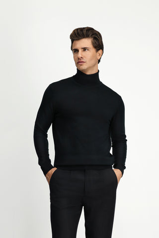  Siyah Balıkçı Yaka Regular Fit Yünlü Triko Kazak