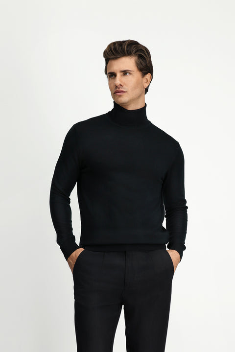 Siyah Balıkçı Yaka Regular Fit Sıcak Tutan Yünlü Triko Kazak