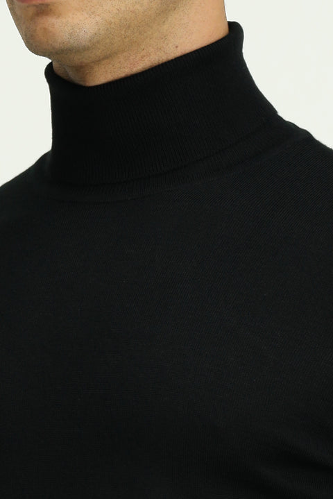 Siyah Balıkçı Yaka Regular Fit Sıcak Tutan Yünlü Triko Kazak