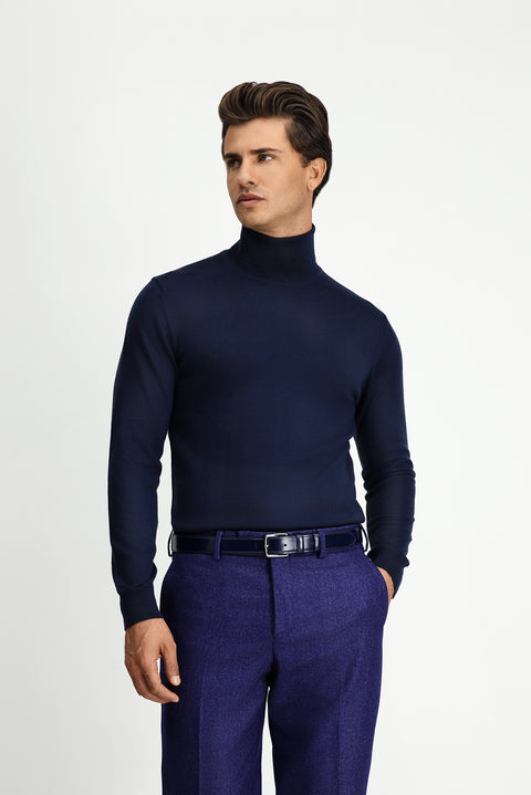 Koyu Lacivert Balıkçı Yaka Regular Fit Sıcak Tutan Yünlü Triko Kazak
