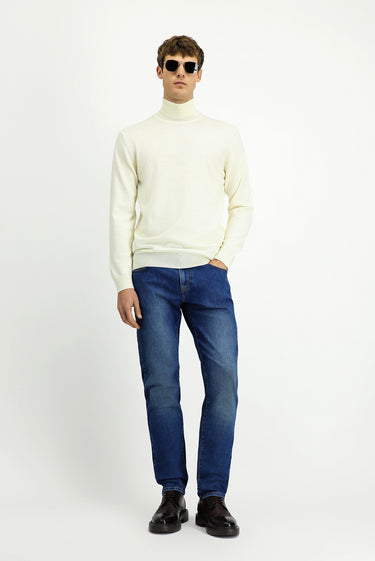 Ekru Balıkçı Yaka Regular Fit Yünlü Triko Kazak