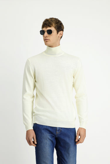 Ekru Balıkçı Yaka Regular Fit Yünlü Triko Kazak