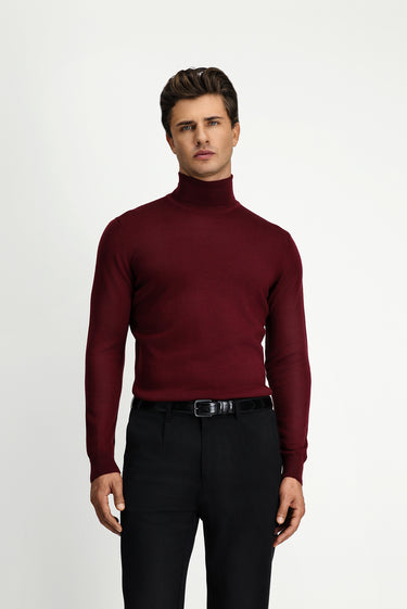  Koyu Bordo Balıkçı Yaka Regular Fit Yünlü Triko Kazak