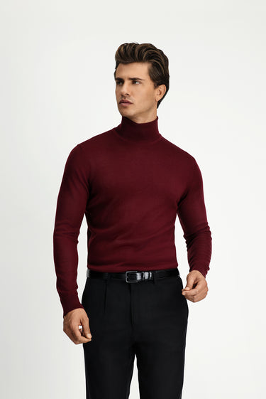  Koyu Bordo Balıkçı Yaka Regular Fit Yünlü Triko Kazak