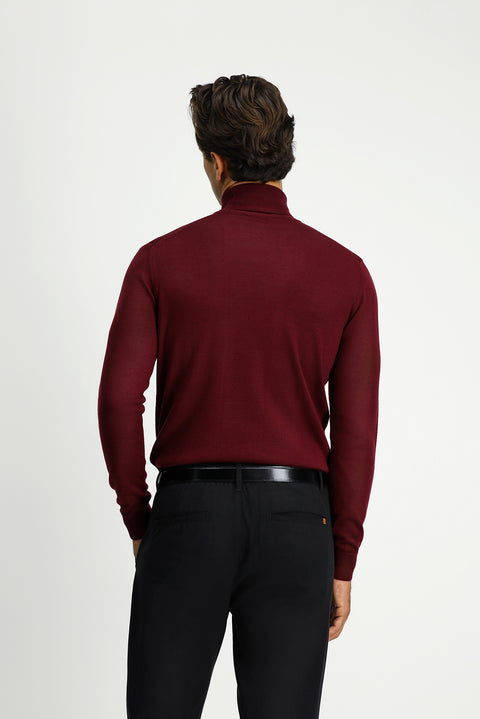 Koyu Bordo Balıkçı Yaka Regular Fit Sıcak Tutan Yünlü Triko Kazak