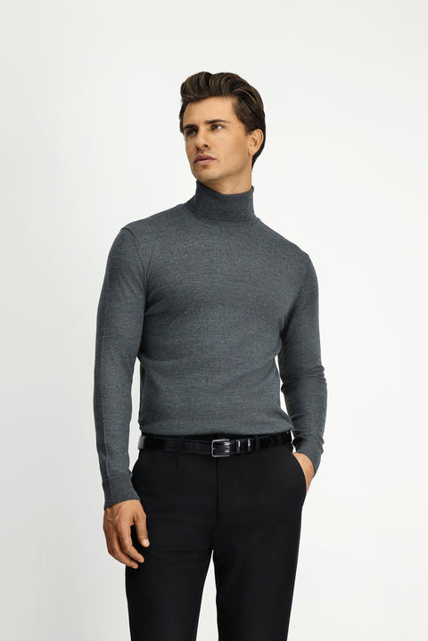 Orta Anrasit Melanj Balıkçı Yaka Regular Fit Sıcak Tutan Yünlü Triko Kazak