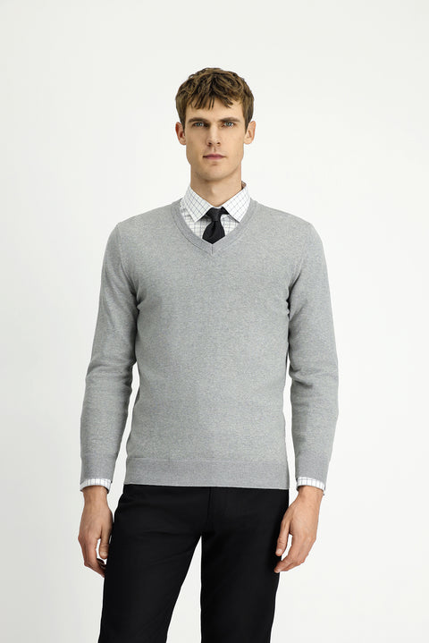 Açık Gri Melanj V Yaka Regular Fit Pamuklu Kaşmirli Triko Kazak
