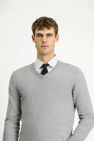  Açık Gri Melanj V Yaka Regular Fit Pamuklu Kaşmirli Triko Kazak