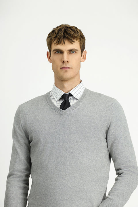 Açık Gri Melanj V Yaka Regular Fit Pamuklu Kaşmirli Triko Kazak