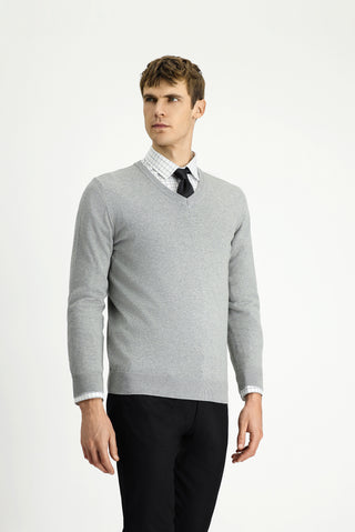 Açık Gri Melanj V Yaka Regular Fit Pamuklu Kaşmirli Triko Kazak
