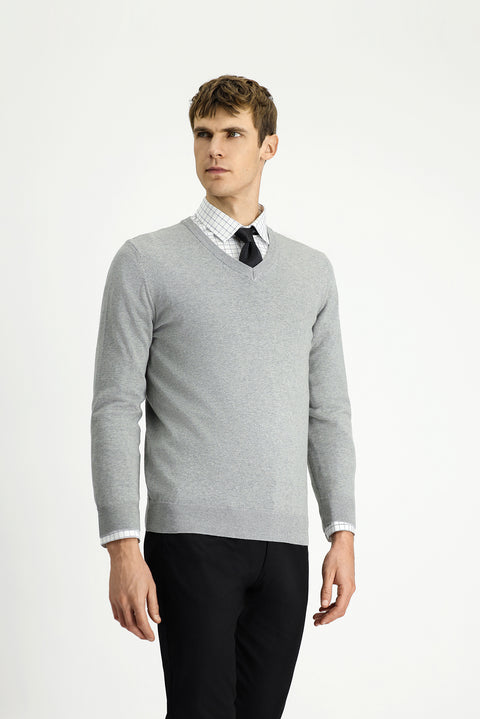 Açık Gri Melanj V Yaka Regular Fit Pamuklu Kaşmirli Triko Kazak