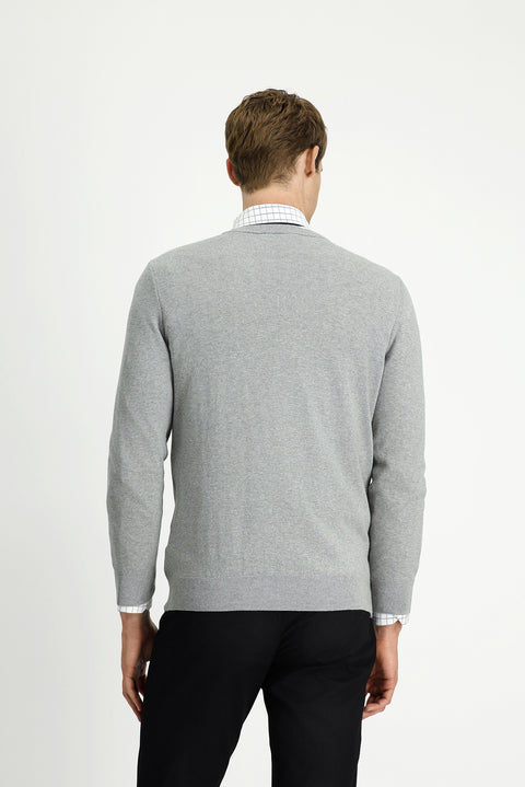 Açık Gri Melanj V Yaka Regular Fit Pamuklu Kaşmirli Triko Kazak