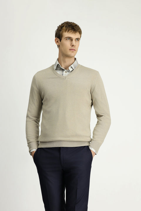 Orta Vizon V Yaka Regular Fit Pamuklu Kaşmirli Triko Kazak