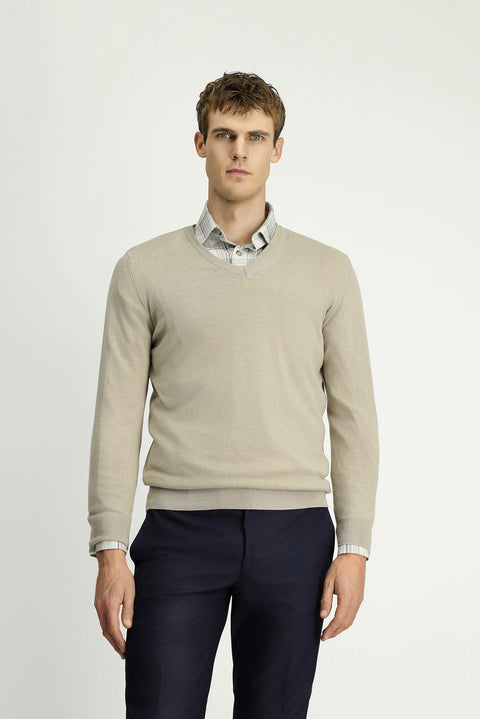 Orta Vizon V Yaka Regular Fit Pamuklu Kaşmirli Triko Kazak