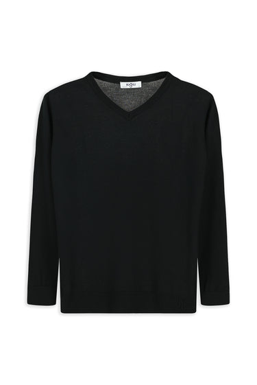  Siyah V Yaka Regular Fit Yünlü Basic Örme Triko Kazak