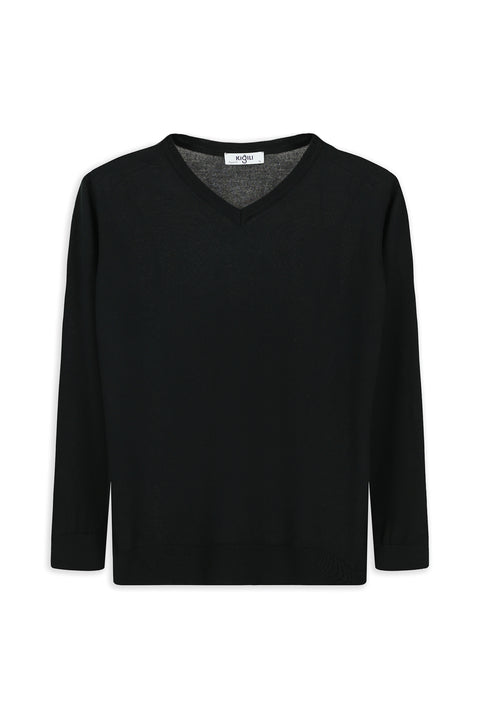 Siyah V Yaka Regular Fit Sıcak Tutan Yünlü Triko Kazak